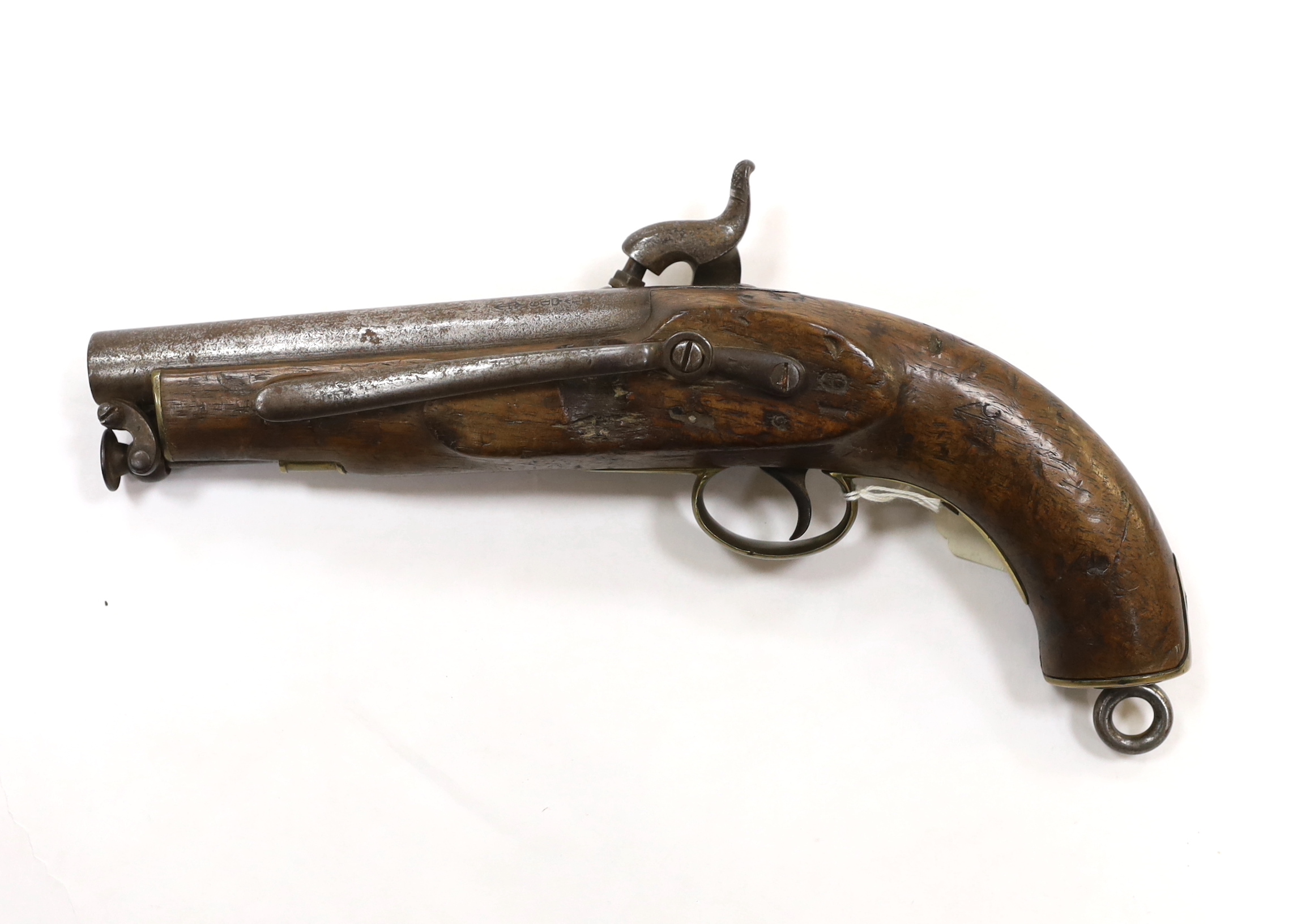 A .65” Sea Service percussion belt pistol, proofed barrel, regulation lock engraved with crowned VR, Tower 1847, regulation brass mounts, sprung iron belt hook, swivel lanyard ring and swivel ramrod